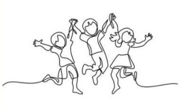 three joyful children jumping with raised hands