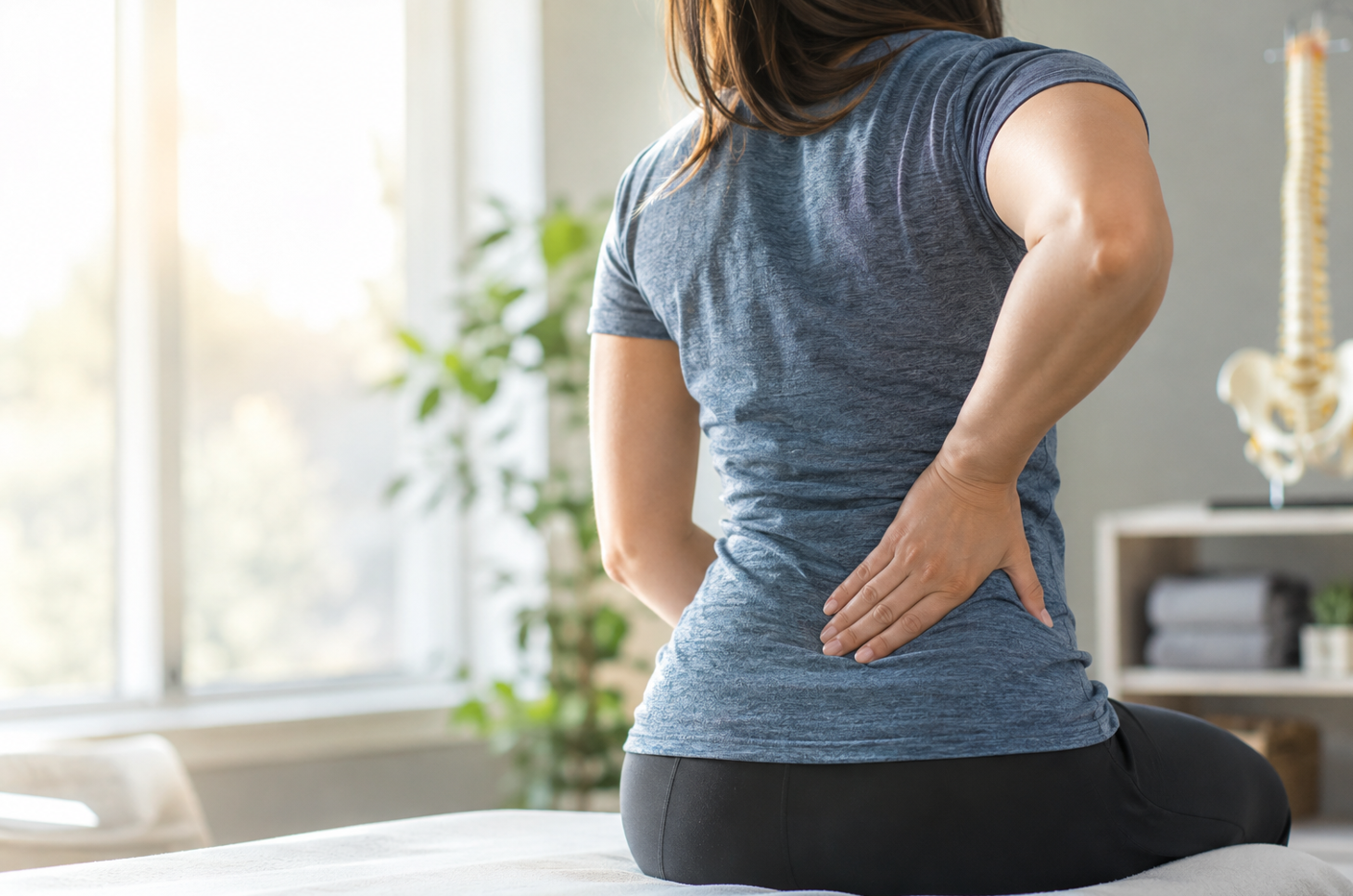 Woman experiencing lower back pain associated with sciatica in a chiropractic care setting in Bowling Green, KY.
